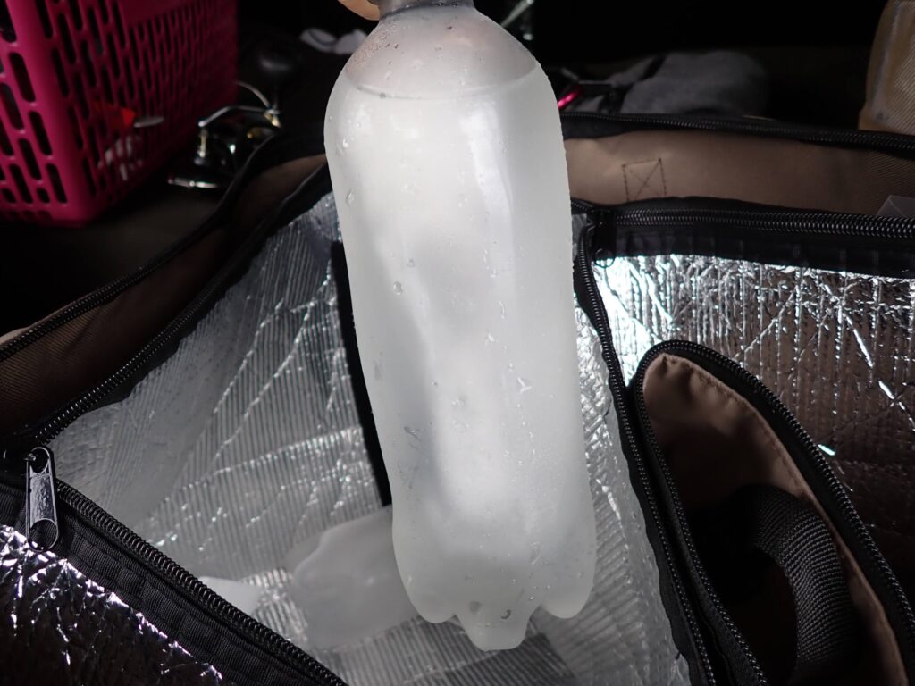 ソフトクーラーに入れて6時間釣りした後のペットボトル氷の残量を撮った様子