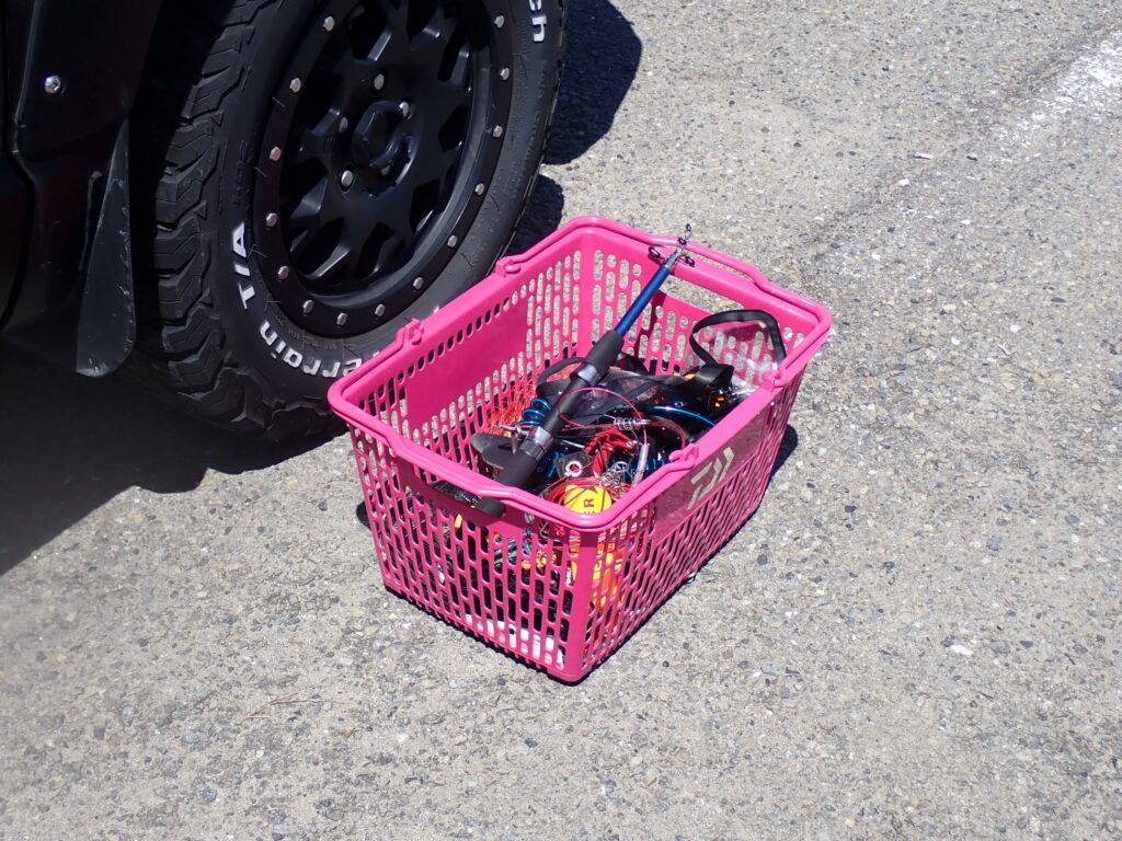 DAIWAマルチバスケットケースを車の横においている様子
